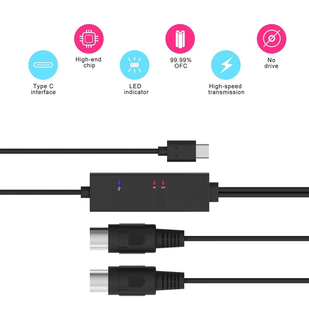 DOREMIDI USB-C Type-C to MIDI 5 Pin Interface Converter Cable For Windows Mac