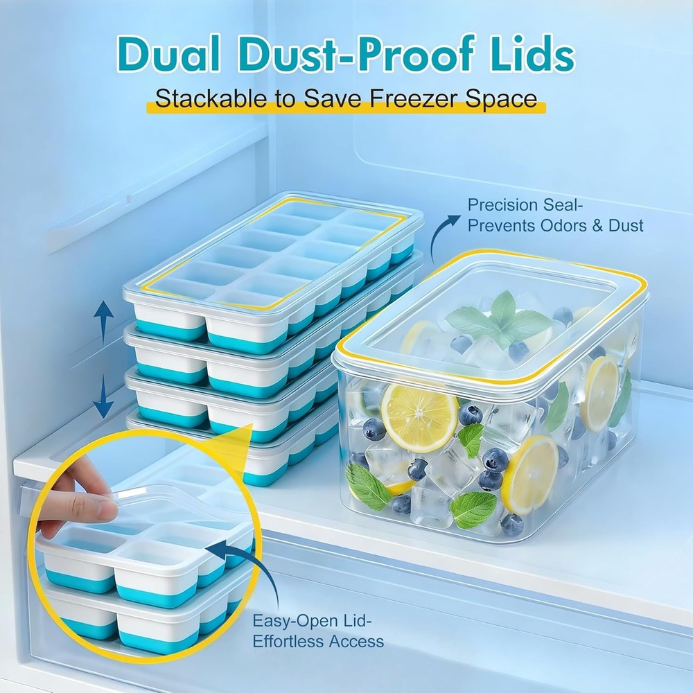 Ice Cube Tray with Lid & Bin - 4 Pack 48 Cubes Stackable Silicone Trays NEW US