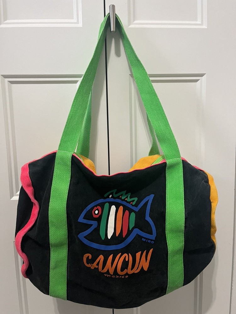 Vintage 80s Neon Pastel Bright Cancun Duffle Bag With Fish