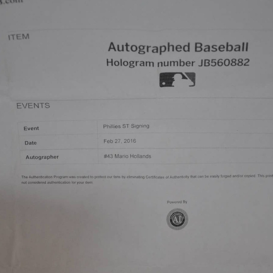 Mario Hollands Autographed Baseball MLB Authenticated JB560882