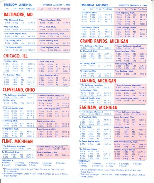 Freedom Airlines timetable 1982/01/01