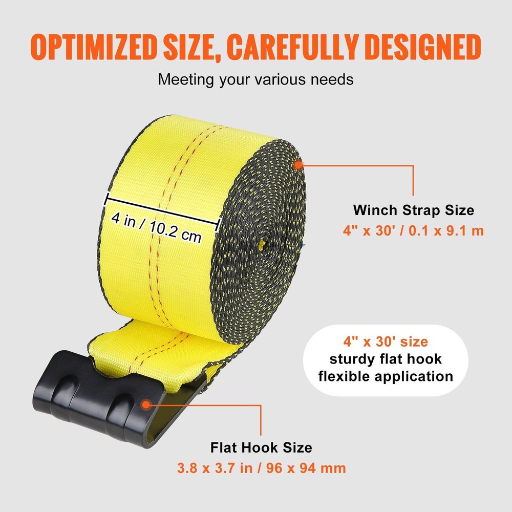4"x30' Winch Straps 6000lbs Capacity Flat Hook Tie Downs Cargo Control Yellow