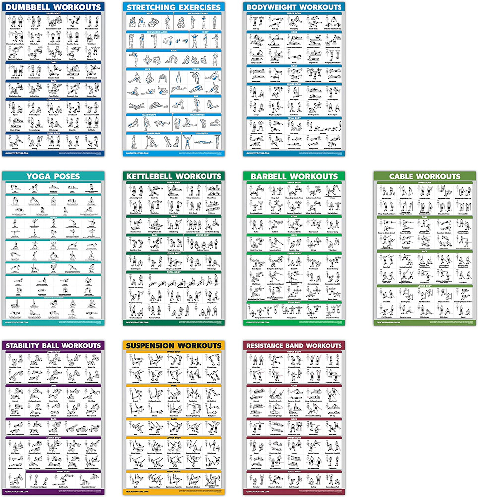 10 Pack Exercise Workout Poster Set Laminated 18" x 24"