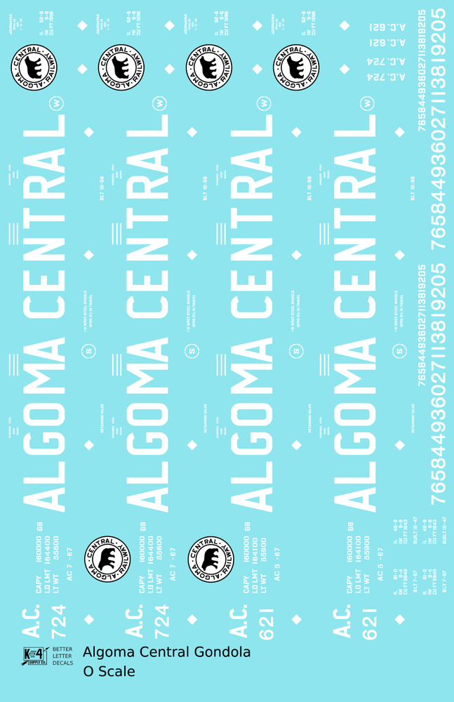 K4 O Scale Decals Algoma Central Gondola White