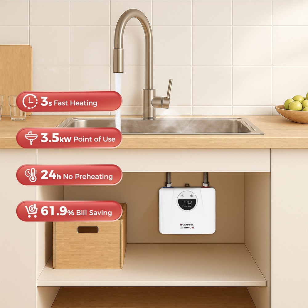 CAMPLUX Electric Tankless Water Heater 120V Point of Use for RV Kitchen Bathroom