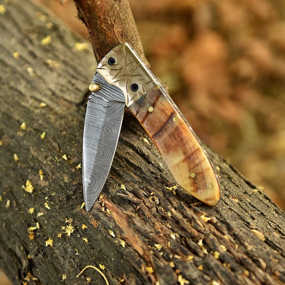 Damascus Folding Dagger Blade Pocket Knife InnerLock Tactical With Sheath