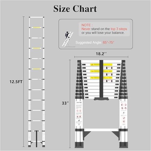 Adjustable Retractable Telescoping Ladder Extension 12.5 FT Pure Silver
