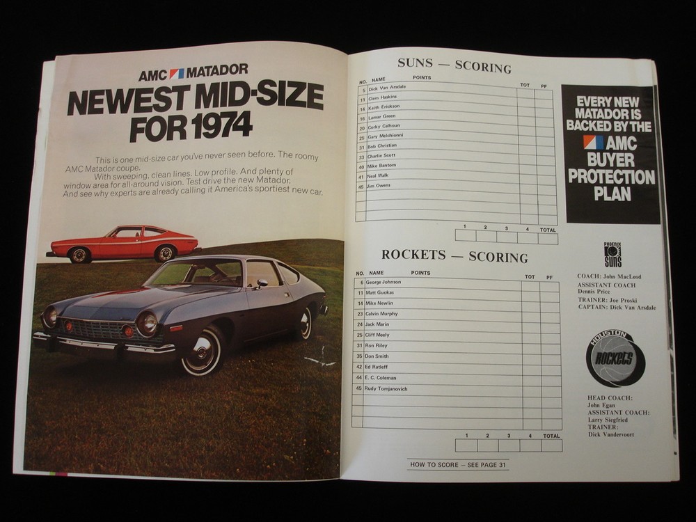 January 9, 1974 Houston Rockets @ Phoenix Suns NBA Program