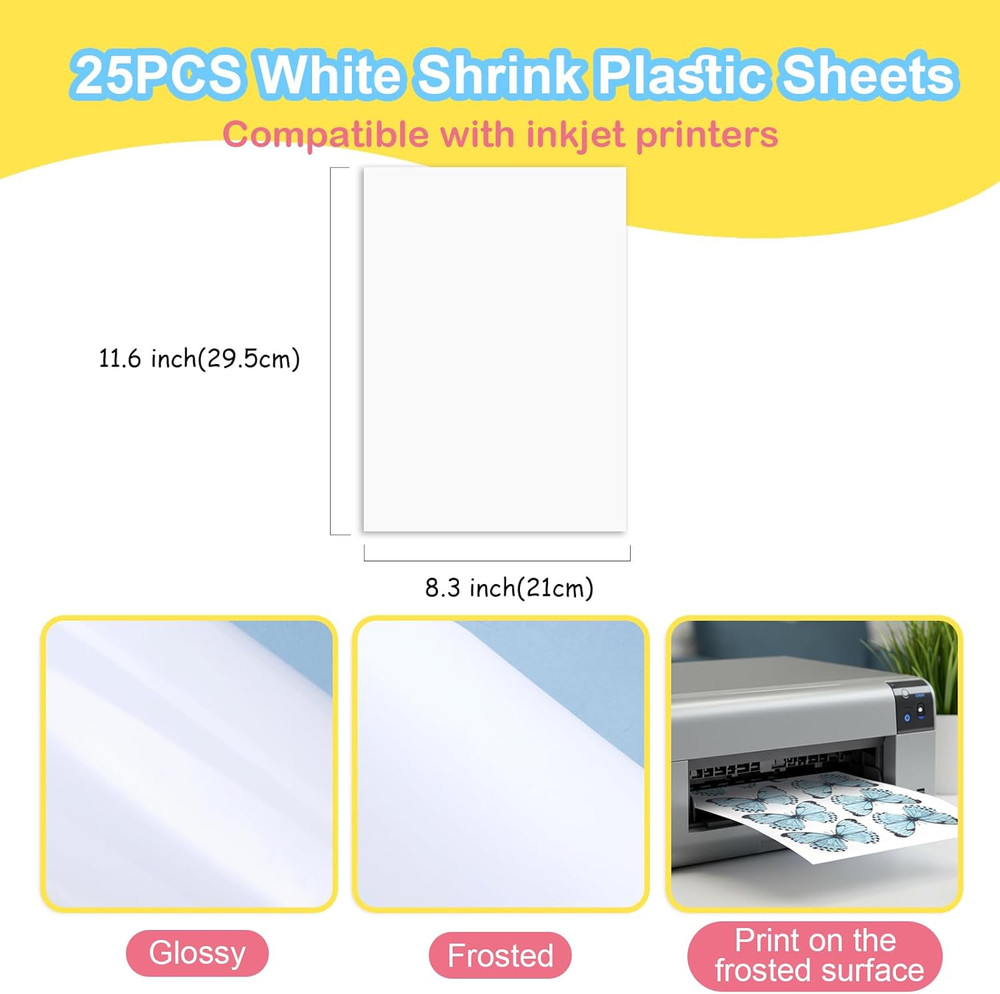 25 Sheets White Printable Shrink Plastic Sheets, Shrink Films Papers for Inkjet