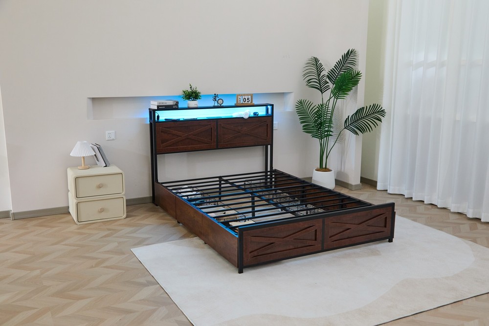 Full Bed Frame with 6 Storage Drawers,Storage Headboard with Charging Statio Bed
