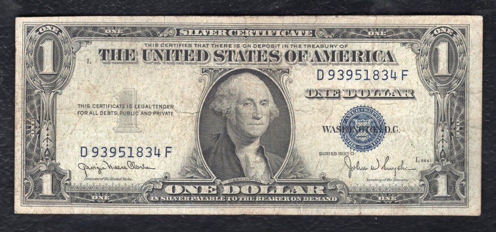 1935-D $1 ONE DOLLAR SILVER CERTIFICATE “MISALIGNMENT ERROR” VERY FINE