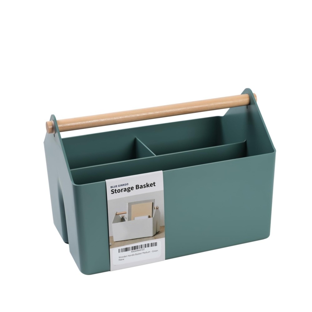 Medium Storage Basket – Plastic Caddy with Wooden Handle for Office, Arts & C...