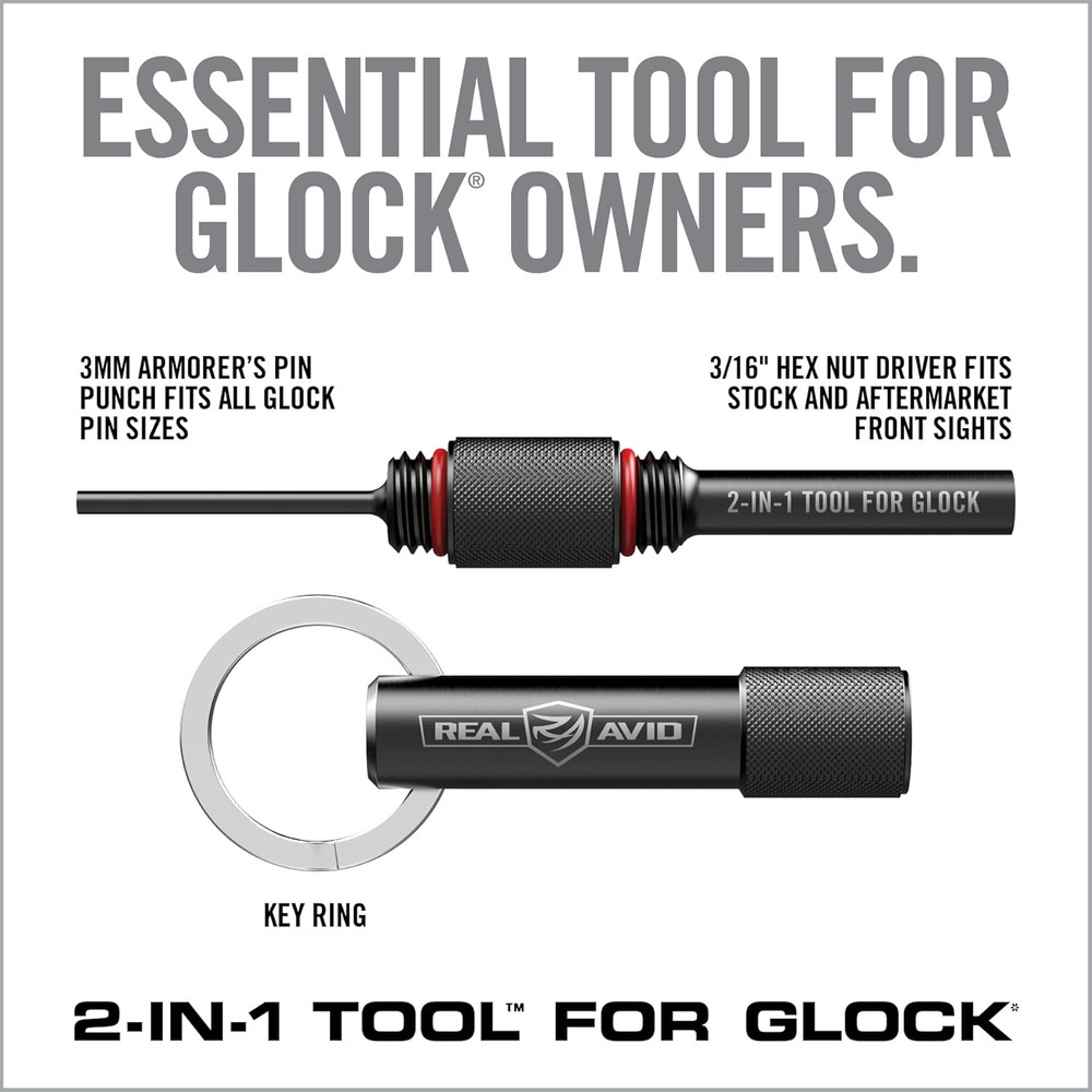 Real Avid 2-In-1 Tool for Glock Handguns, Includes Front Sight Tool & Disassembl