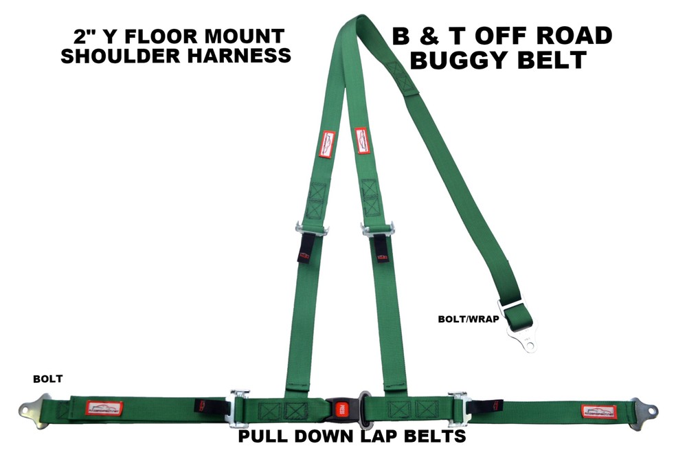 FLOOR MOUNT THREE POINT HARNESS BOLT IN PULL DOWN LAP BELTS DARK GREEN