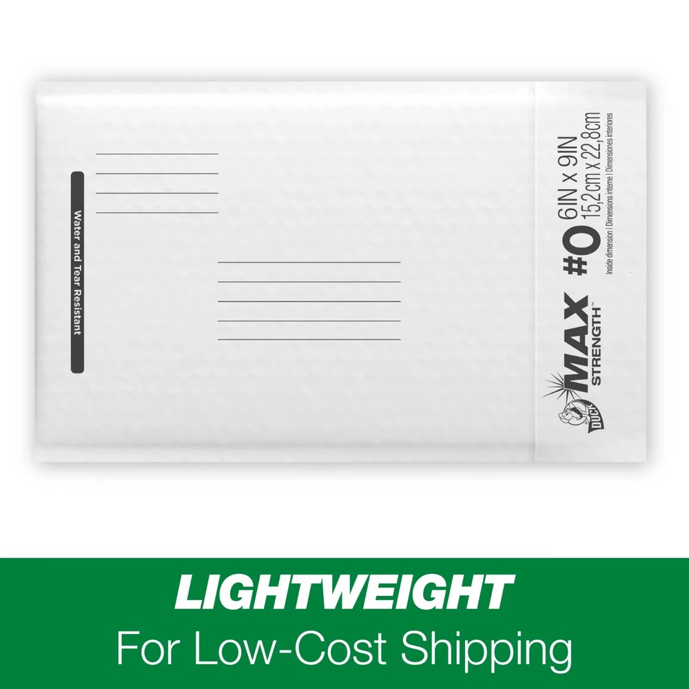 Duck Max Strength Self-Sealing Poly Bubble Mailer #0, 6" x 9", Solid White, 25 P