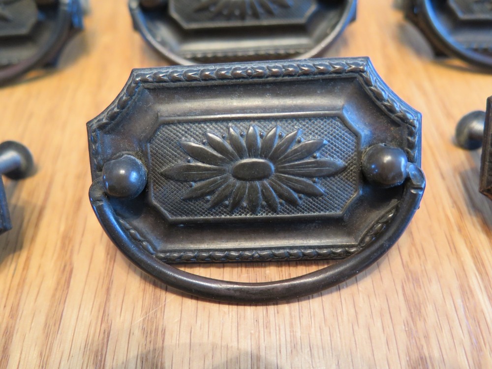 Antique Brass Tone Drawer Pulls Drop Pulls - Set of 9