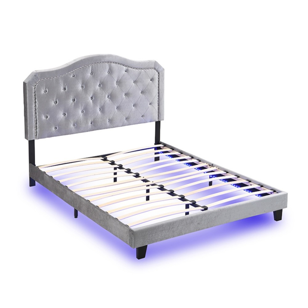 Queen Size Bed Frame Upholstered Platform Bed w/ LED Lights Black/Light Gray