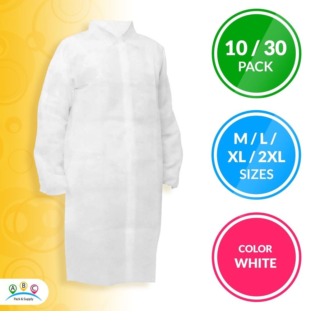 30ct White Lab Coats Polypropylene Coat Hook and Loop Fastener L Size Unisex