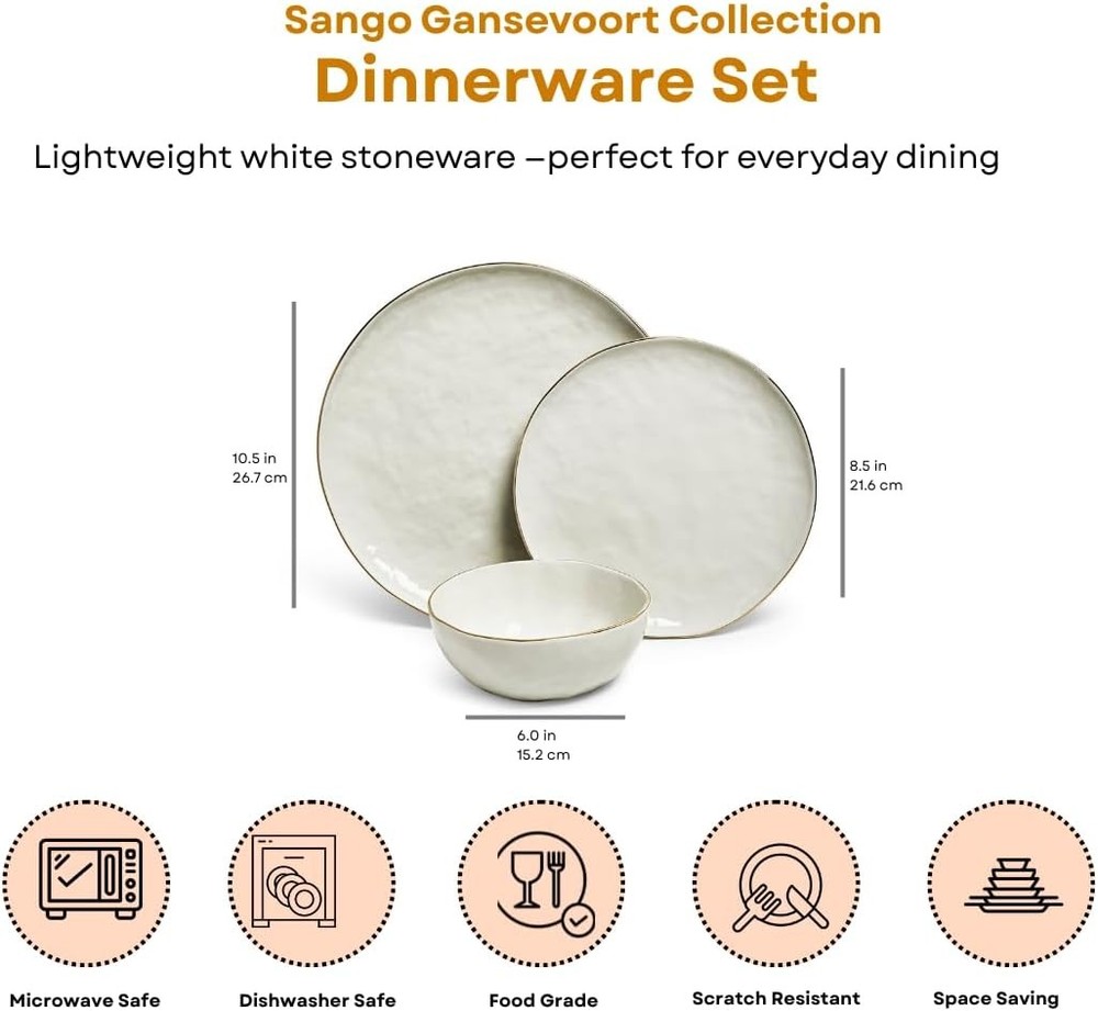 Sango 12-Piece Lightweight Stoneware Dinnerware Set for 4, Glossy Vanilla White