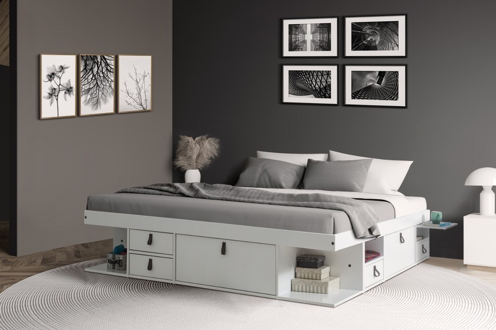 Memomad Bali Bed - King Size Storage Platform Bed Frame with Drawers (White)