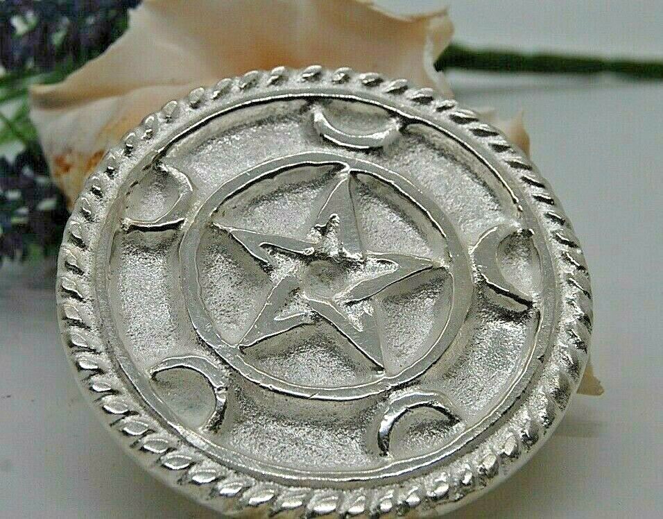 Pentagram Crescent Moon Altar Tile Silver Plated - Solid Brass 3" Wicca. Witch