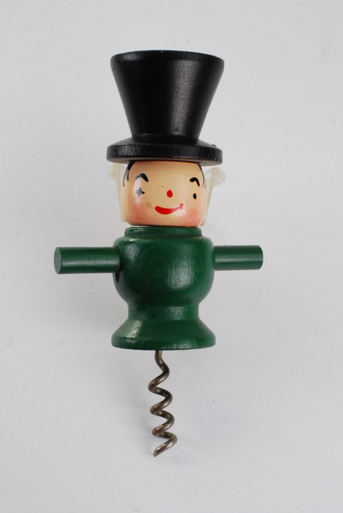 Top Hat Corkscrew Figural Man Barware Wooden Bare tool MCM