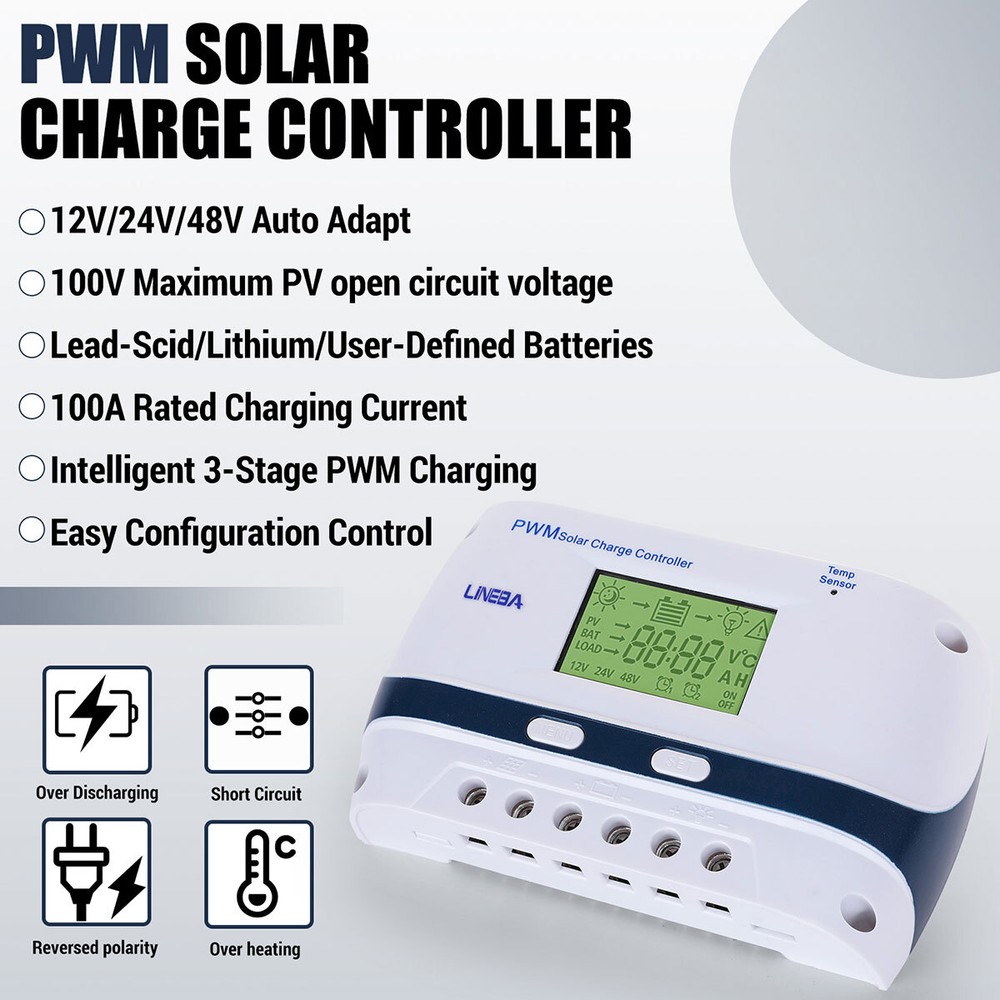 100A 60A 30A PWM Solar Panel Regulator Charge Controller Auto 12/24/48V 1 USB