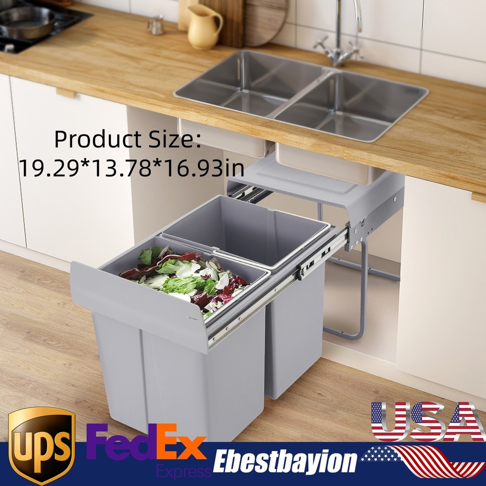 40L Kitchen Waste Bin Pullout Garbage Trash Can Double Pull-Out Trash Can Grey