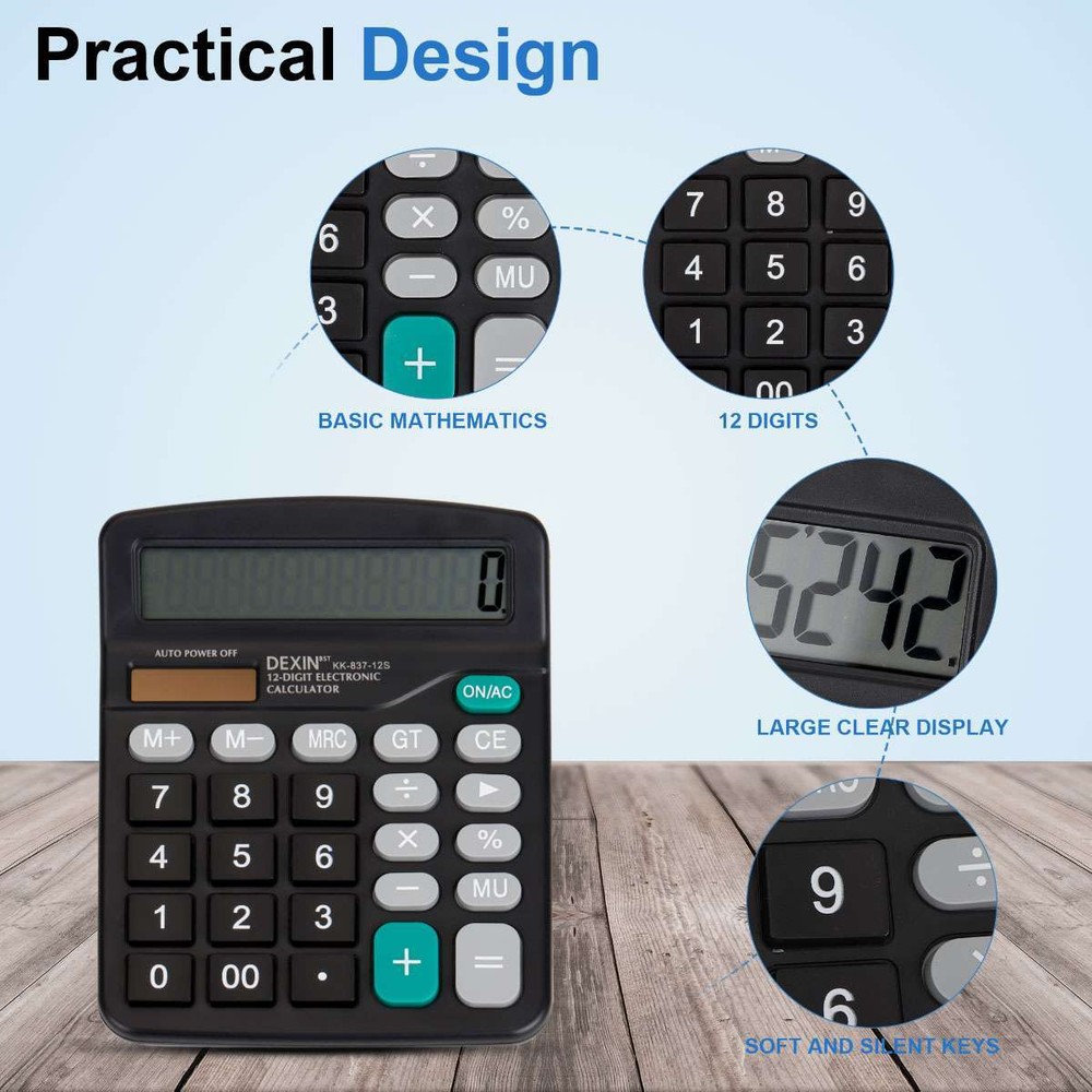 12-Digit Desktop Calculator Solar Battery Big Button Dual Power Large Display