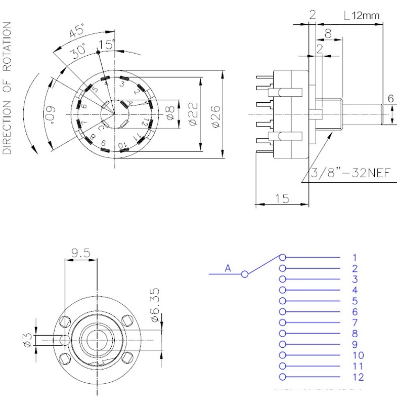 RS26 Selectable Band Rotary Channel Selector Switch Single Deck Rotary Switch