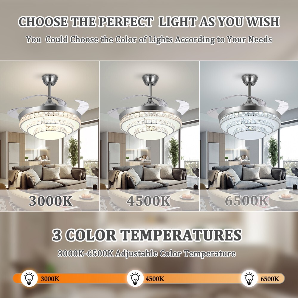 42 inches Silver 3-Ring Crystal Fan Ceiling Light