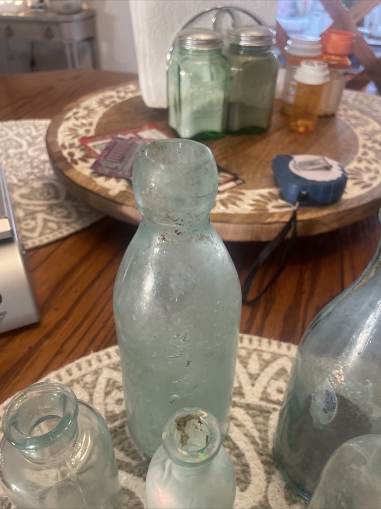 6 Vintage Blue Green Bottles