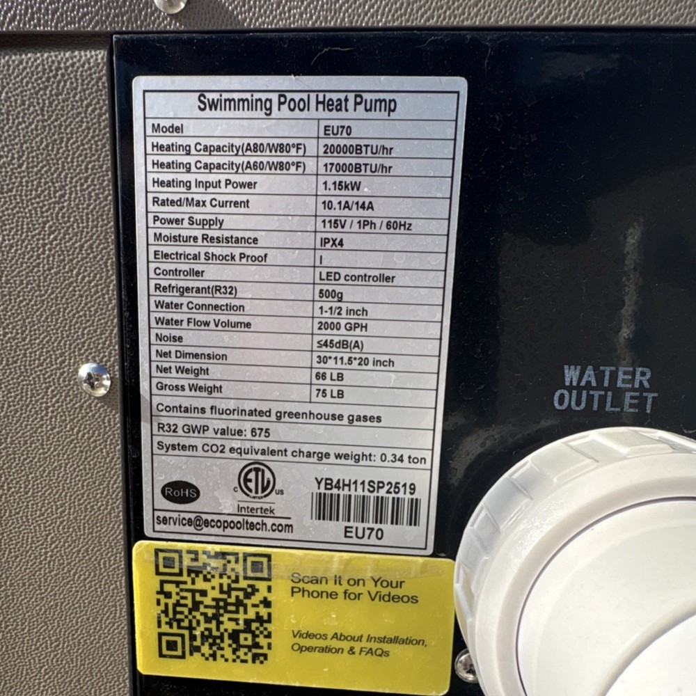 ECO POOLTECH EU70 Heat Pump 17000-20000 BTU IPX4 for Swimming Pools