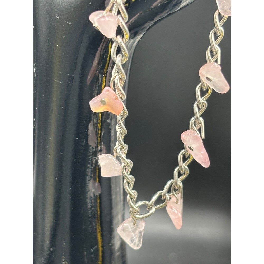 Hand Crafted Pink Crystal Boho Bracelet 7" Rose Quartz Silver tone