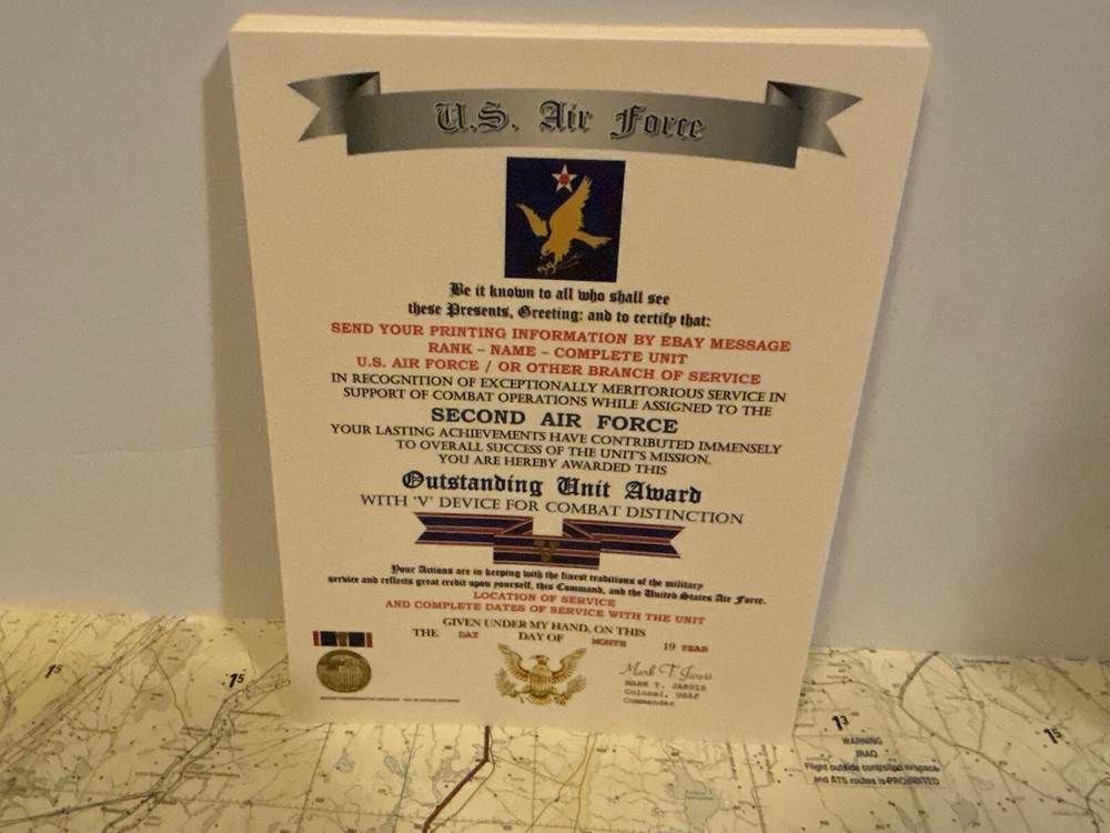 U.S. AIR FORCE / 2ND AIR FORCE - OUTSTANDING UNIT AWARD W/V DEVICE CERTIFICATE