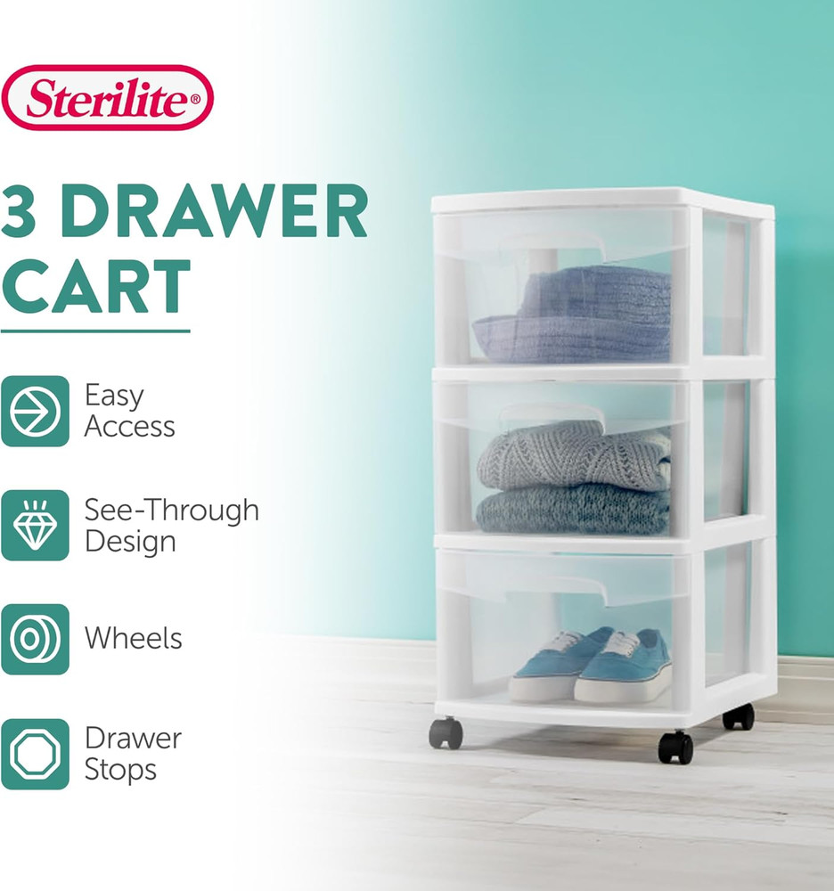 2-Pack Rolling 3-Drawer Plastic Storage Organizer Cart - White Closet Solution