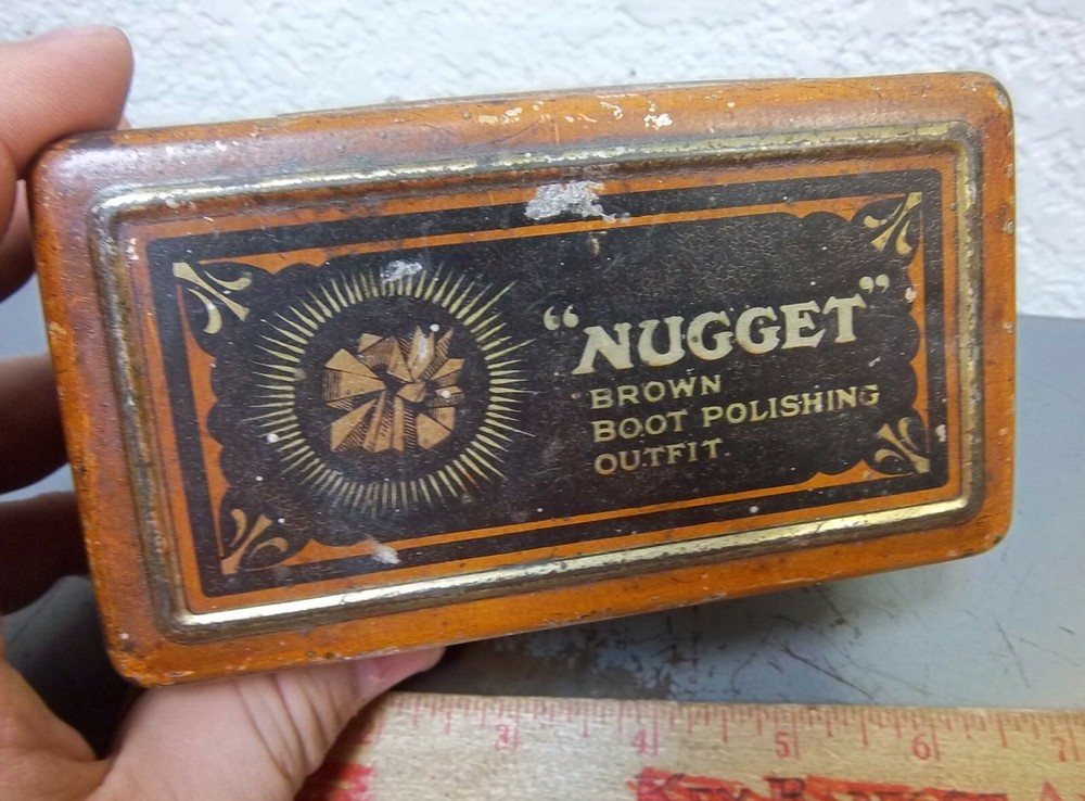 vintage NUGGET brown boot polish tin, empty, great graphics & colors, nice