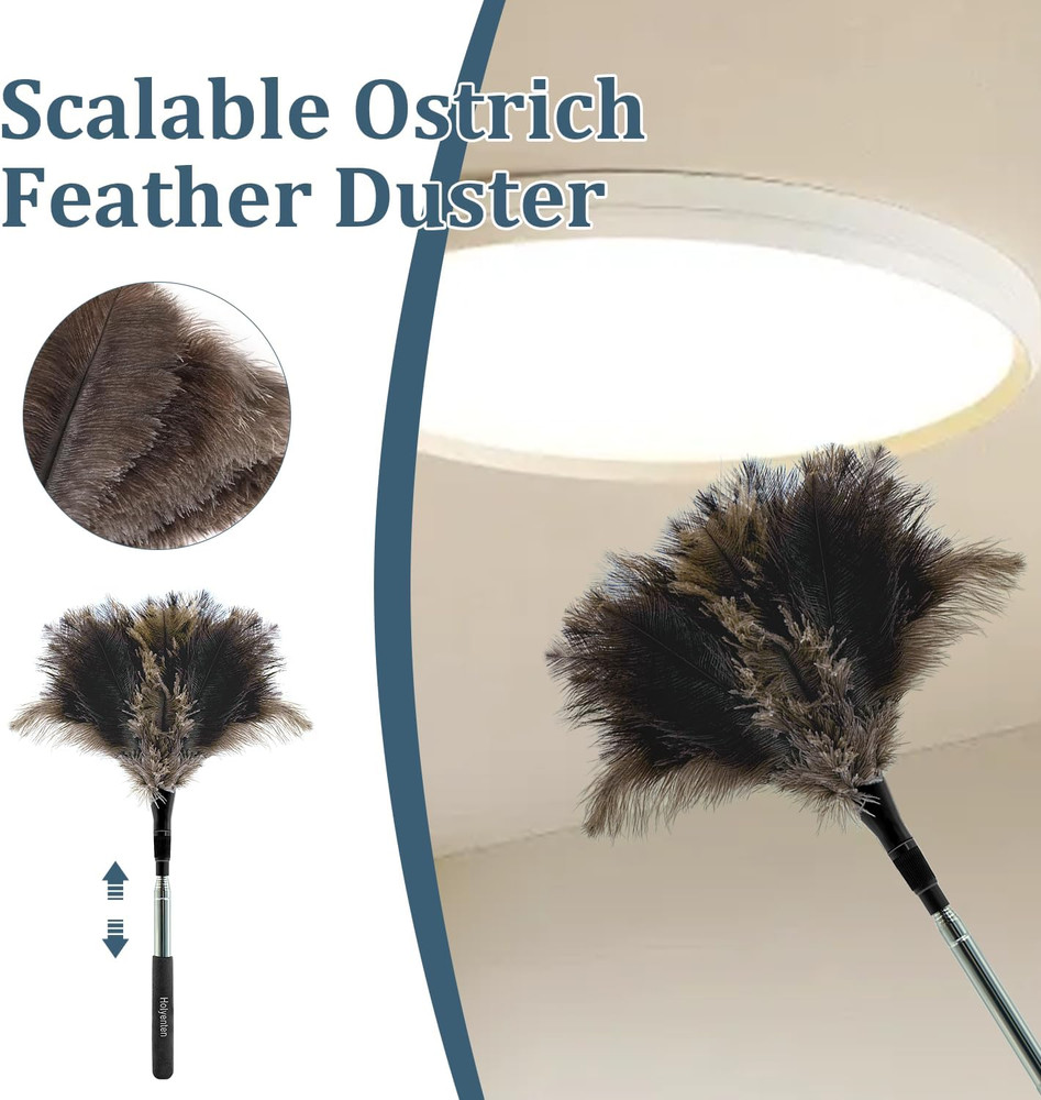 Extendable Feather Duster - 47 inches Fluffy Long Handle Reusable Feather Dus...