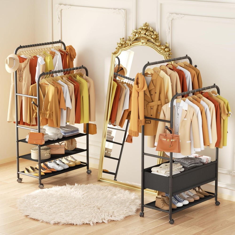 Metal Rolling Clothes Rack, Sturdy Freestanding Garment Rack, Black