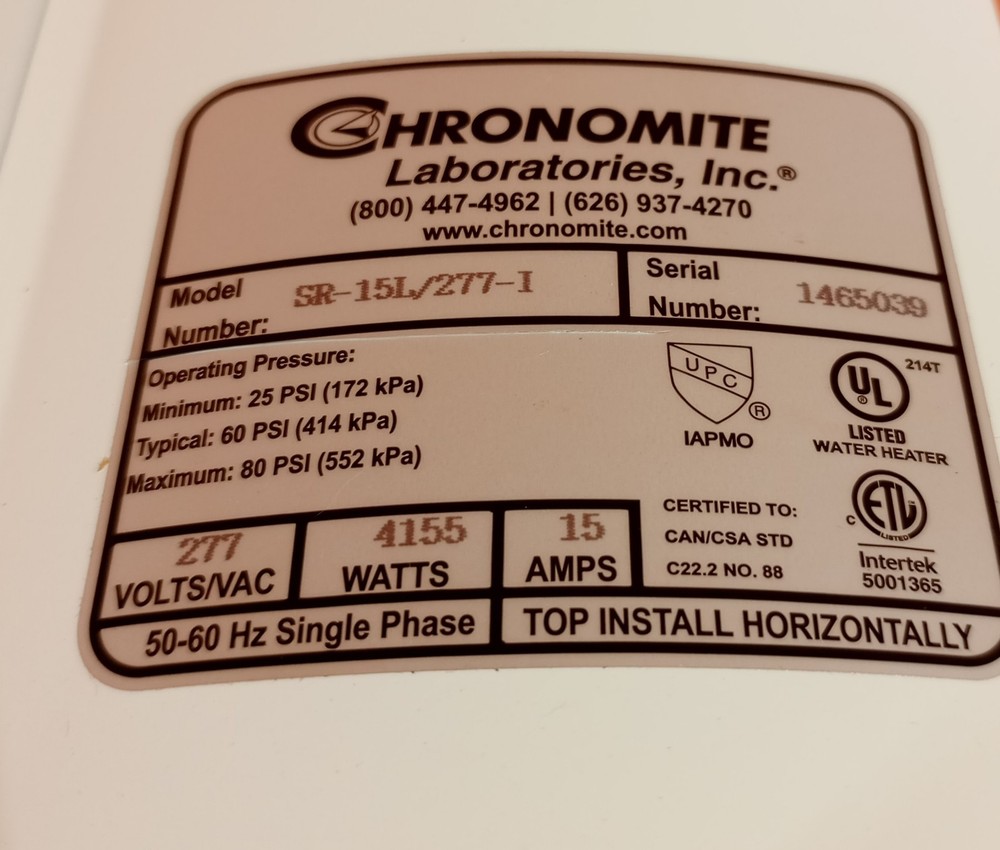 Chronomite SR-15L/277-1 Water Heater