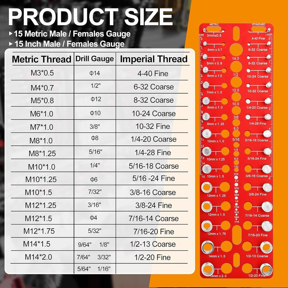 Thread Checker Bolt Nut Gauge SAE Metric Drill Bit Measurement Tool