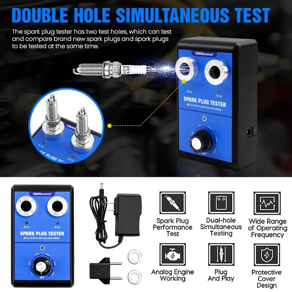 Double Hole Detector Ignition Spark Plug Tester Analyzer 110-240V for 12V Car