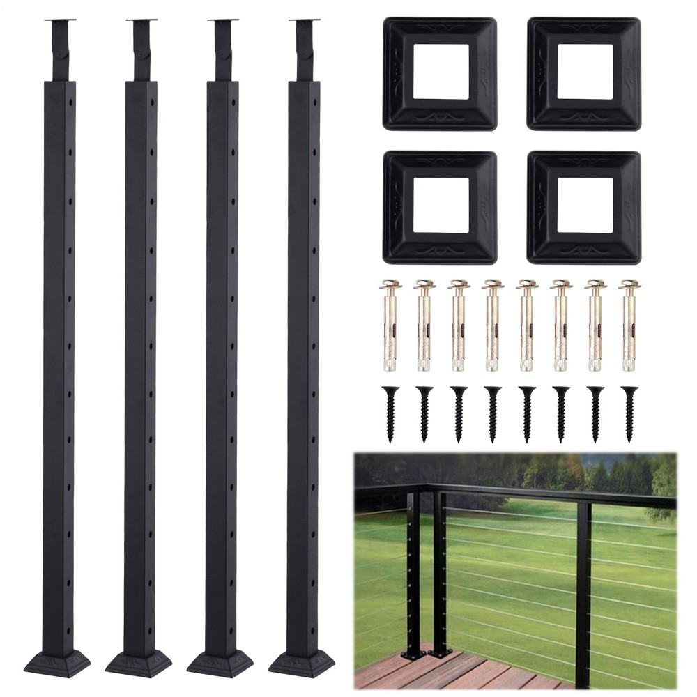 42" Cable Railing Post, Adjustable Top Level Drilled Railing Line Handrail Post