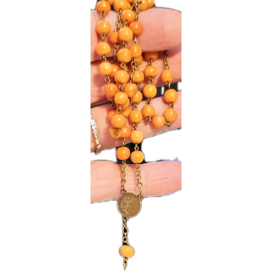 Antique French Rosary Real Angel Skin Coral Beads Silver Catholic Crucifix 22"