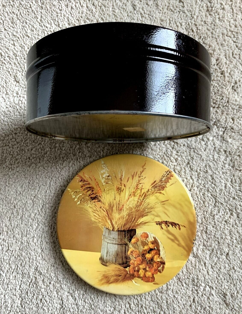 Vintage EMPTY TIN CONTAINER Autumn, Fall, Thanksgiving Round 7”x 2.75"