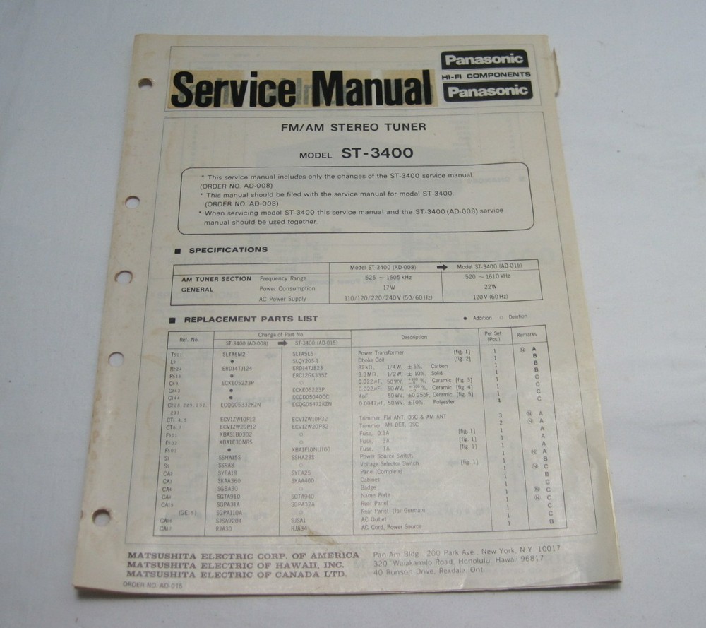 Panasonic ST-3400 Stereo Tuner Service Manual