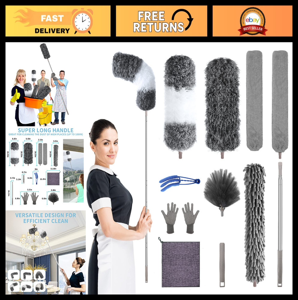 30-100 Inch Microfiber Feather Duster with Extension Pole - Washable, Bendable,