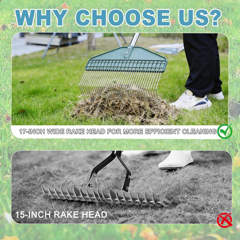 Thatch Rake, 66" Adjustable Handle, 17" Wide Dethatcher Rake for Garden, Patio &