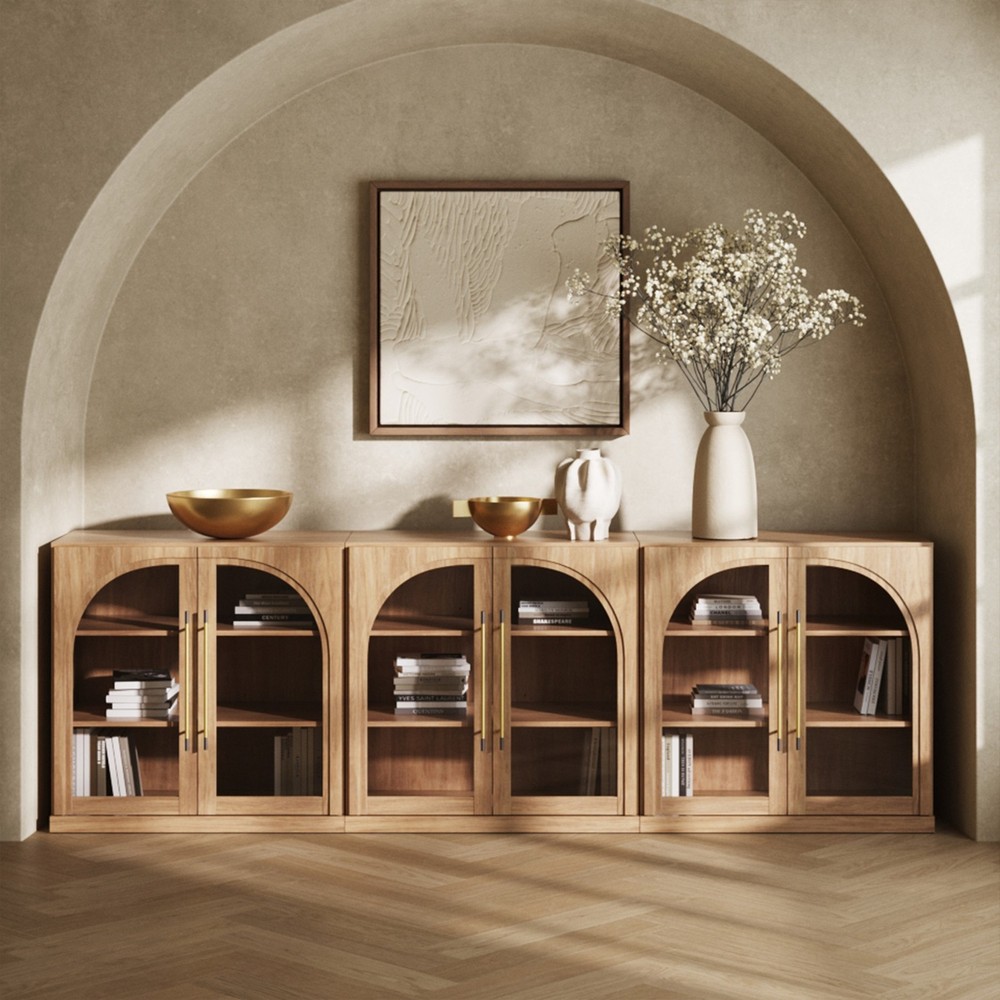 Set of 3 Modular Sideboard with Storage, Camel/ Ebony