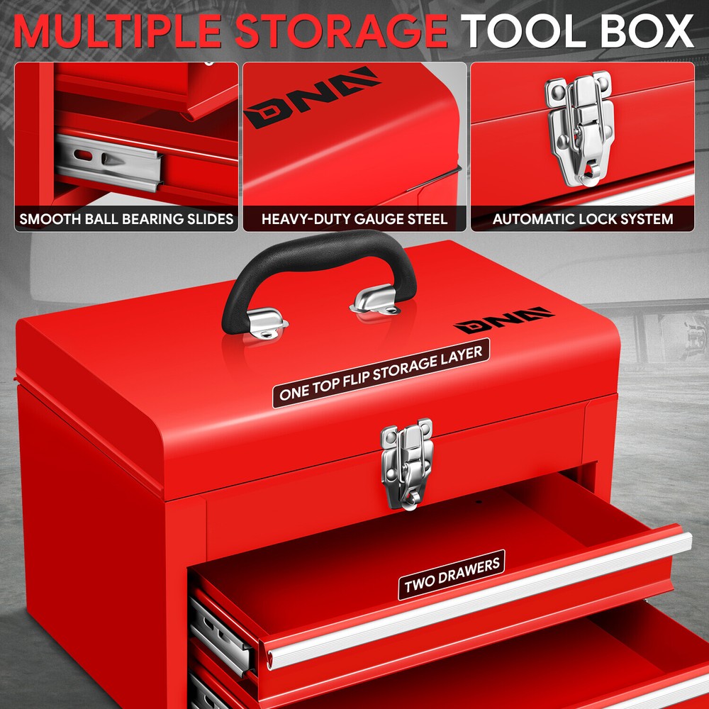 Workshop Garage Household Lockable 14" 2-Drawer Steel Tool Box Organizer Storage